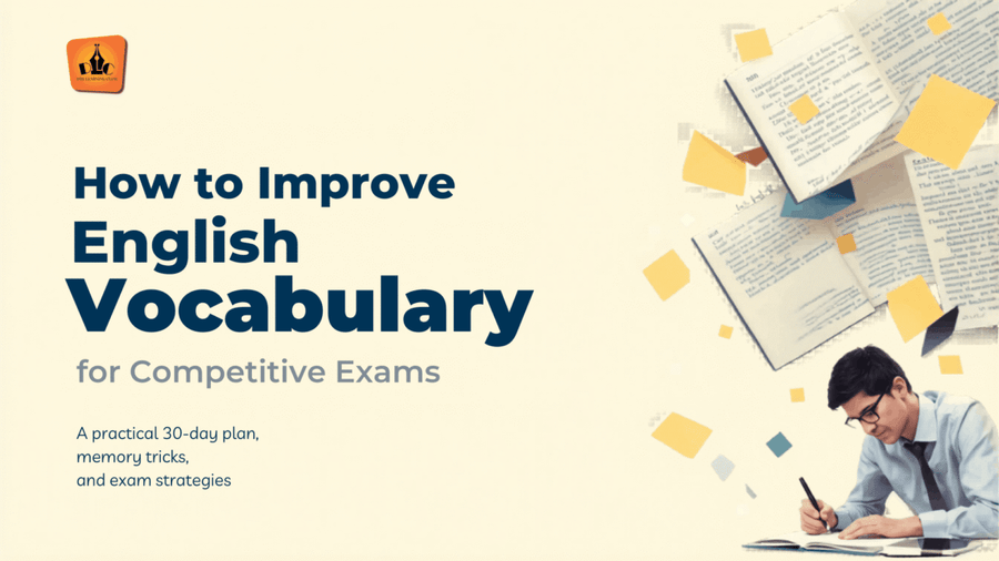 Image illustrating strategies to enhance English vocabulary for competitive exams, featuring tips and resources